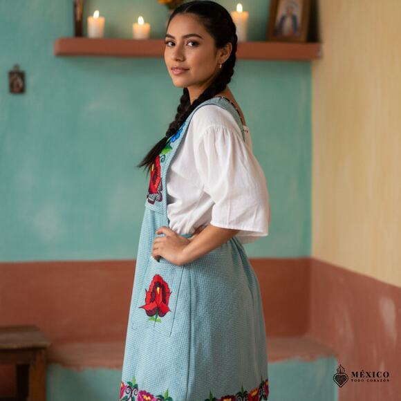 Greens Mexican Embroidered Apron – Basic Handmade Apron with Floral Design - Picture 2 of 13